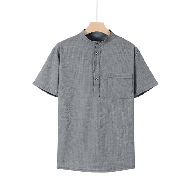 Camisetas Elvqul para Hombre sin Estampado Gris Oscuro Manga Corta Playa Cuello Mao