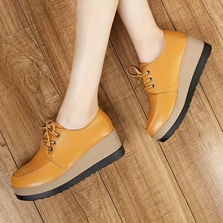 

TUOBKE Women‘s Platform Wedge Loafers All-Match Round Toe Lace Up Shoes Casual Comfortable Heightening Shoes