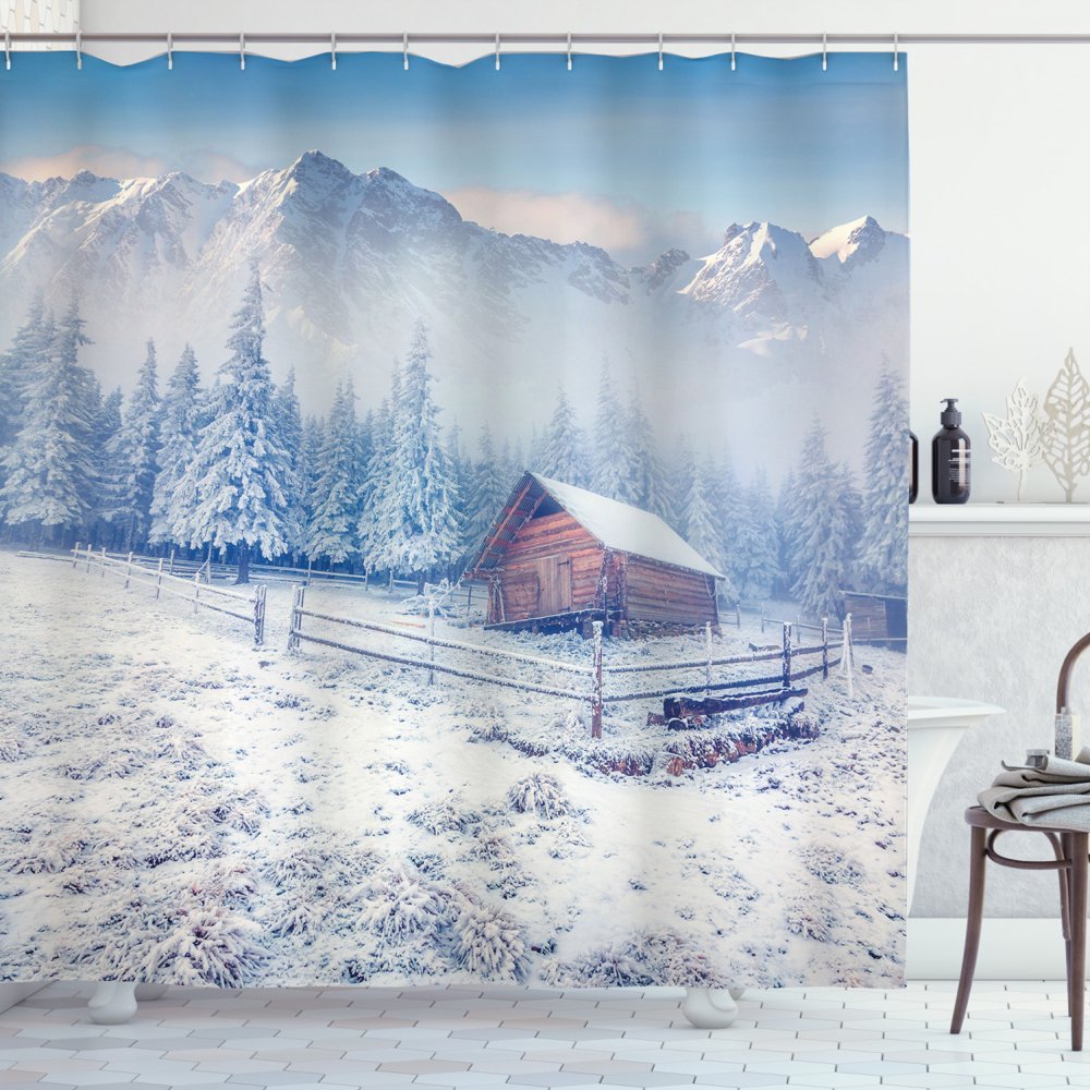 Winter Shower Curtain, Old Farmhouse in Snow Mountains and Frosted