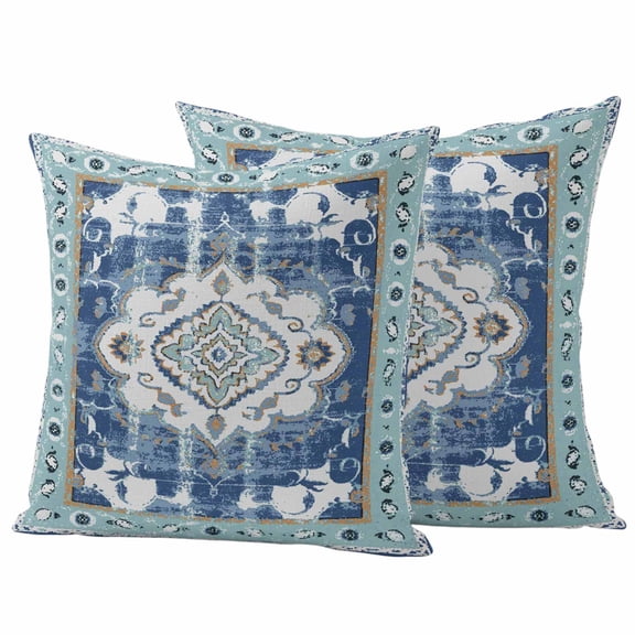 Blue Boho Outdoor Pillow Covers 20"x20" Set of 2,Waterproof Throw Pillow Covers for Patio Furniture,Farmhouse Bohemian Medallion Oriental Flower Decorative Cushion Pillowcases for Garden Couch Sofa