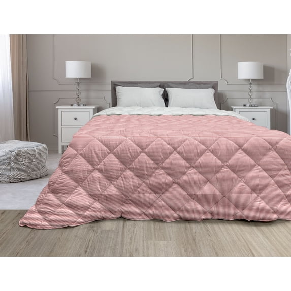 Checkered Down Alternative Comforter, Crosswise Stripes with Little Red Squares Retro Abstract Pattern, Microfiber Quilt for All Season, 5 Sizes, Dark Coral Pale Pink, by Ambesonne
