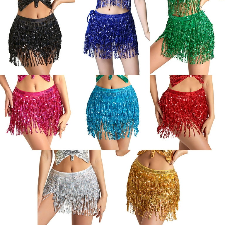 Women's Belly Dance Skirt Sequin Fringe Wrap Skirts Sparkly