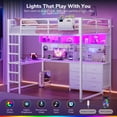 thumbnail image 3 of Loft Bed Twin Size with Desk, 6 Storage Drawers and Bookshelf, Metal Loft Twin Bed Frame with USB Charging Station, LED Lights, Storage Shelf, Full-Length Guardrail & Ladder, White, 3 of 10