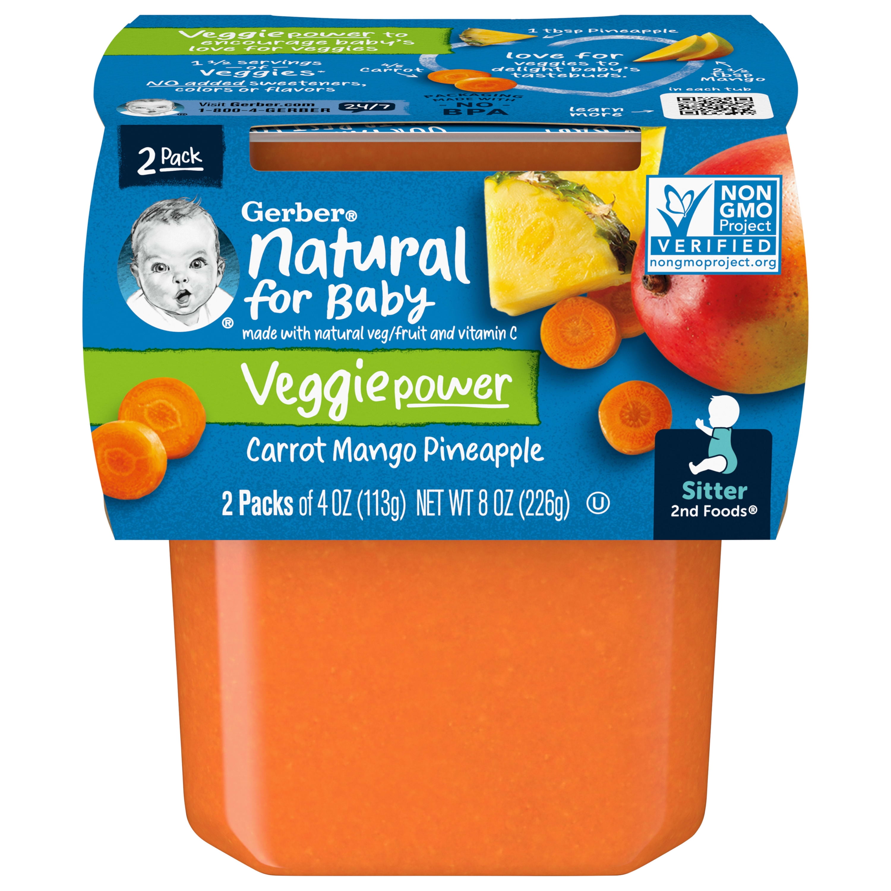 Gerber 2nd Foods Natural for Baby Veggie Power Baby Food, Carrot Mango Pineapple, 4 oz Tubs (16 Pack)