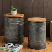 Glitzhome Farmhouse Galvanized Metal Storage Stool with Solid Wood Seat, Set of 2