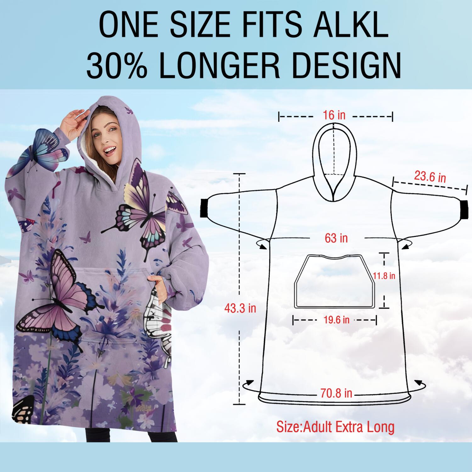 Oversized Wearable Blanket Hoodie,Purple Butterfly Flower Pattern Sherpa Blanket Hoodie with Super Pockets,Super Warm Fuzzy Pullover for Women & Men