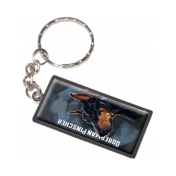 Doberman Pinscher Black On Blue Dog Pet Keychain Key Chain Ring