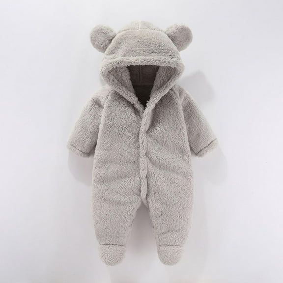 UQJfacai Newborn Baby Bear Ear Outfit Suit Girls Boys Fuzzy Fleece Jumpsuit Romper Long Sleeve Hooded Winter Warm Snowsuit Clothes