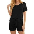 thumbnail image 2 of Qylux Pajamas for Women Set Ribbed Knit Sleepwear Set Summer Short Sleeve Top and Shorts 2 Piece Lounge Set with Pockets,Black,M, 2 of 9