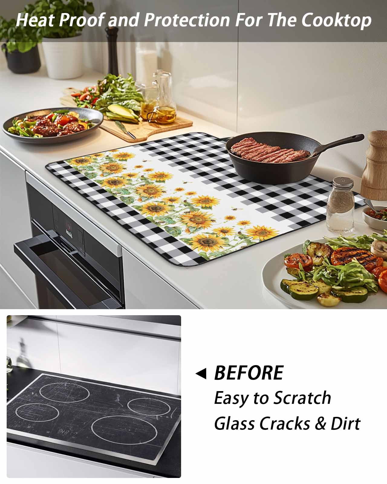 Stove Top Covers for Electric Stove, Sunflower Glass Stovetop Cover Protector, Black White Buffalo Plaid Check Country Bee Induction Cooktop Protector Oven Mat for Kitchen Countertop 24"x21"