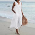 thumbnail image 1 of CHUANK Robes pour Femmes en Liquidation à Moins de 5,00 $ Robe Maxi Blanche pour Femmes Uni Col en V Sans Manches Robe à Boutons Coton Lin Longues Robes d'Été pour Femmes, 1 of 5