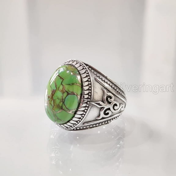 Green Copper Turquoise Mans Ring, Natural Green Copper Turquoise, Silver Jewelry, 925 Silver Ring, Birthday Gift, Heavy Mens Ring, Arabic Design, Ottoman Style Ring, Christmas, Turkey Mens Signet Ring
