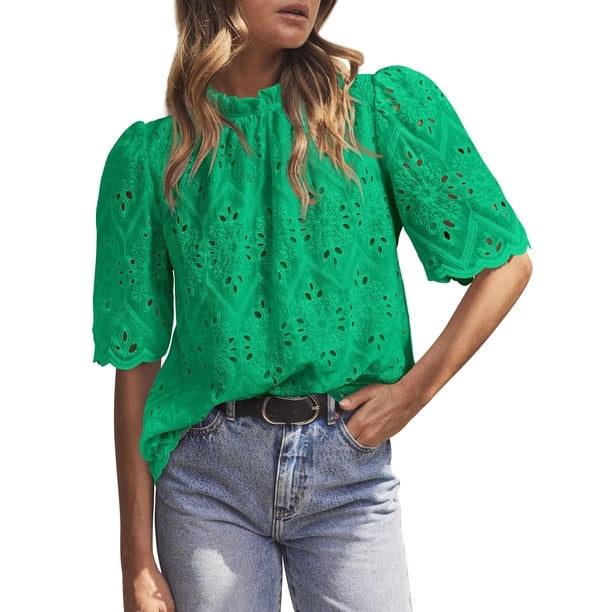 Blusa PRETTYGARDEN de verano bordada con ojales verdes XXL para mujer