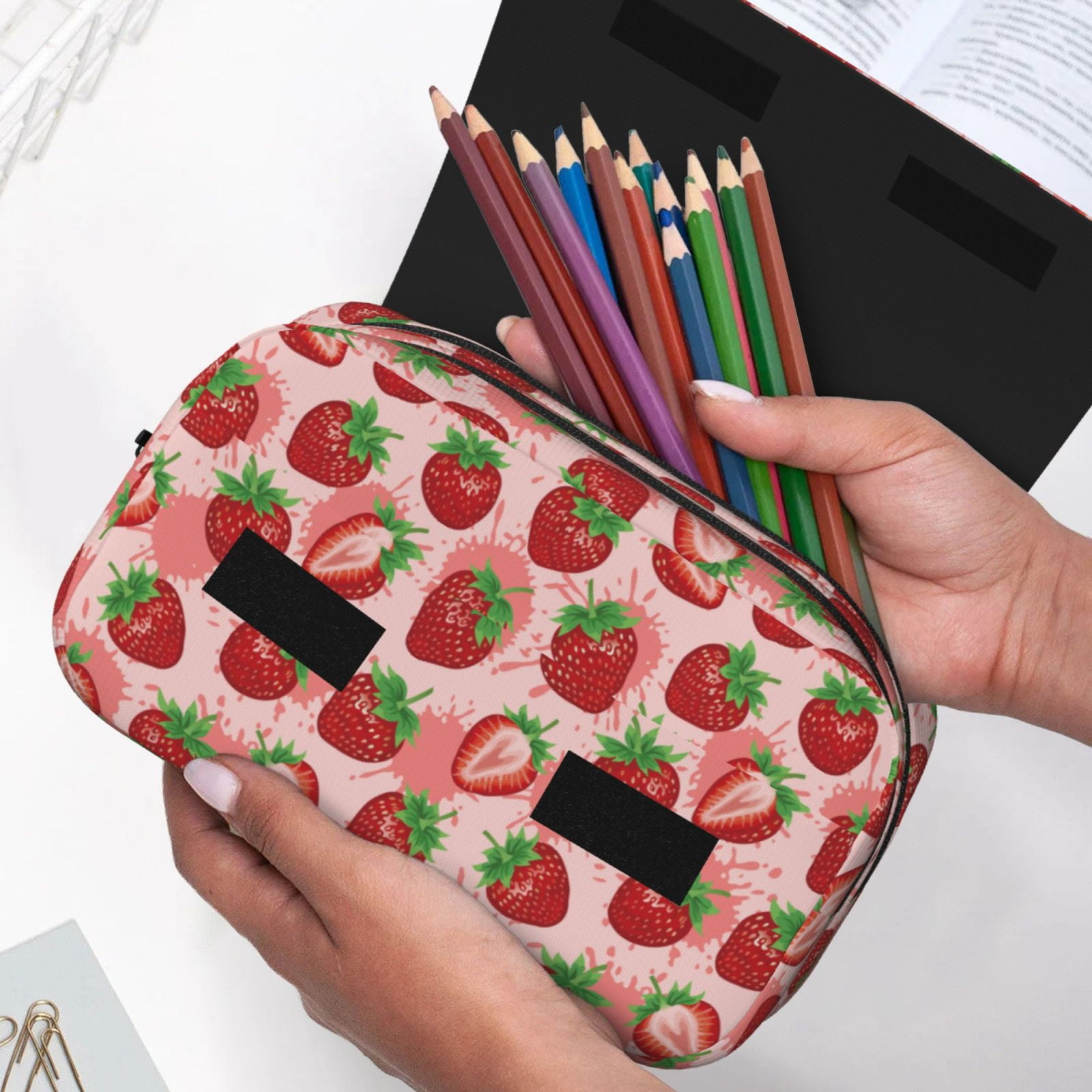 Rateoe Cute Strawberry Pattern Double Clamshell Pen Case, Storage Organizer with Two Zipper Compartments– Holds Up to 50 Pencils & Pens
