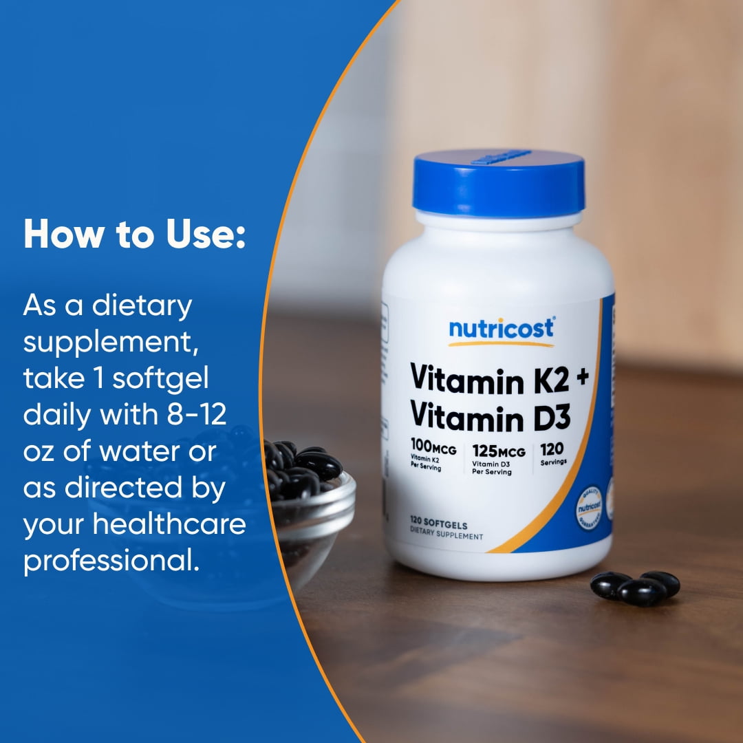 Nutricost Vitamin K2 (100mcg) + Vitamin D3 (5000 IU) 120 Softgels, Supplement