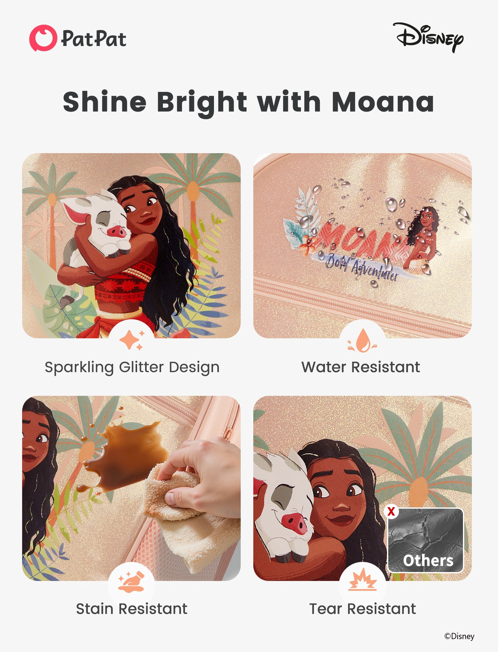 Disney Princess Moana Girls Cute Backpack Water Resistant Toddler Backpack School Kids Elementary Bookbag