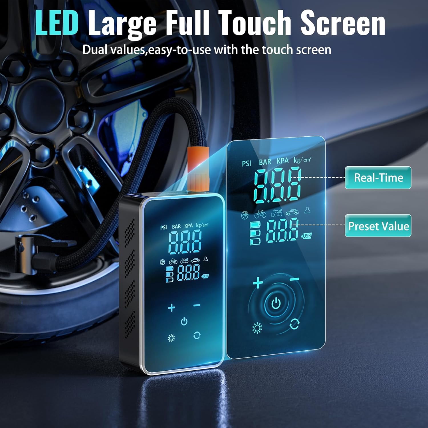 Tire Inflator Portable Air Compressor-18000mAh-Portable Air Pump-150 PSI Tire Pump with Touch Screen/Gauge/Light for Car, Motorcycle, Bike, Ball
