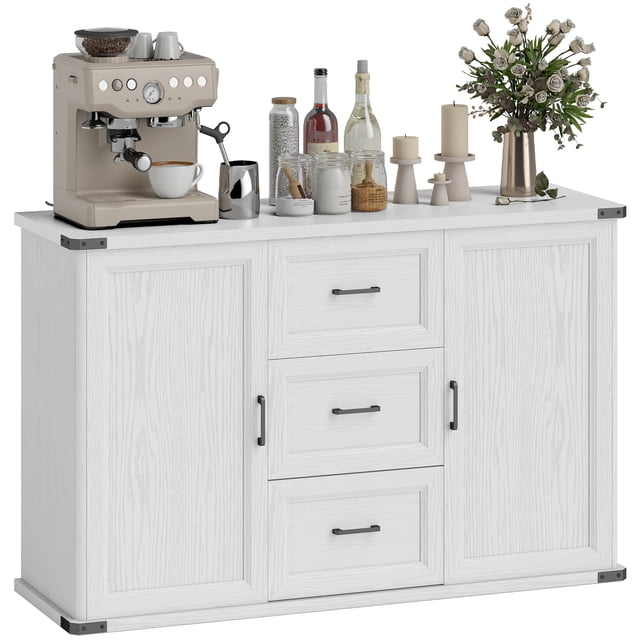 HOMCOM Buffet Bahut avec 3 Tiroirs et 2 Portes Grain de Bois Blanc