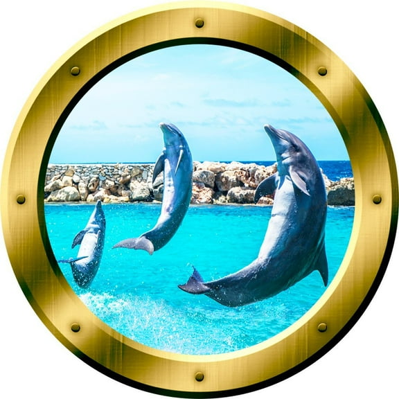 VWAQ 1X Dolphins Porthole Porpoise Wall Decal 3D Wall Sticker Peel And Stick Decor VWAQ-GP26 (14" Diameter)