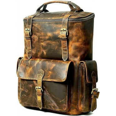 Hulsh Buffalo Leather Backpack for Men & Women Multi Pockets Leather Laptop Backpack Vintage Genuine Men's Brown Leather Backpacks Rucksack Knapsack for Travel Trekking Camping Business