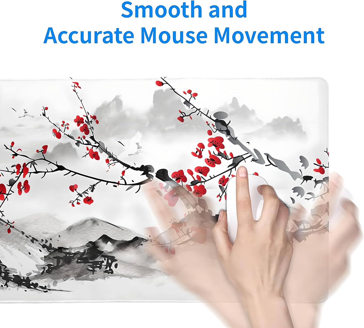 Japanese Cherry Blossom White Gaming Mouse Pad XXL Extended Long Mousepad Desk Mat, NonSlip Rubber Base with Stitched Edges, Ideal for Office, Home, 31.5x11.8 in