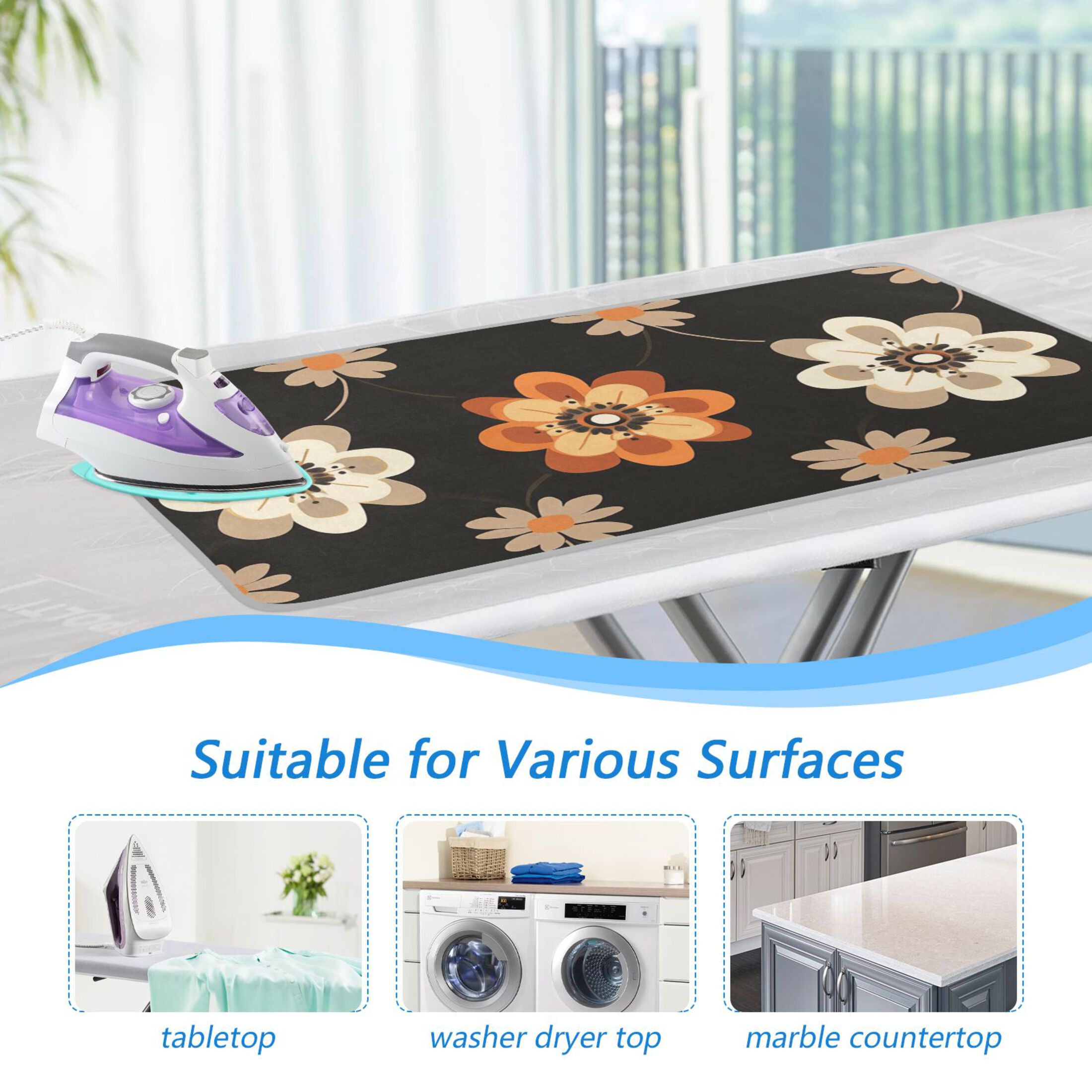 Geometric Brown White Orange Flowers Ironing Mat Blanket Portable Travel Ironing Pad Heat Resistant Pad 47.2" x 27.6”