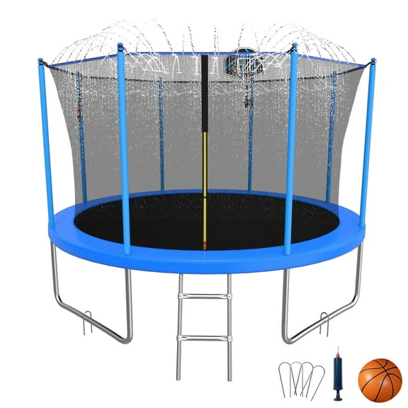 12FT Trampoline for Adults/Kids Outdoor Trampoline with Enclosure Net Basketball Hoop Sprinkler Wind Stakes Ladder Recreational Trampoline for Backyard