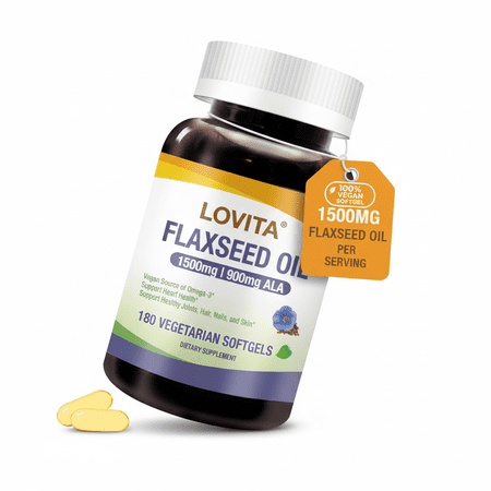 LOVITA 100% Vegan Cold-Pressed Flaxseed Oil: 1500mg with 900mg ALA Omega-3 per Serving. Organic. 180 Softgels.