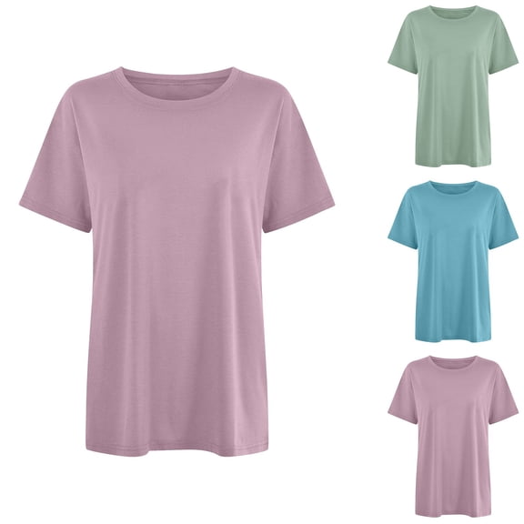 Womens Tshirt Women Casual Solid Crew Neck Short Sleeve Breathable Tee Light Purple L