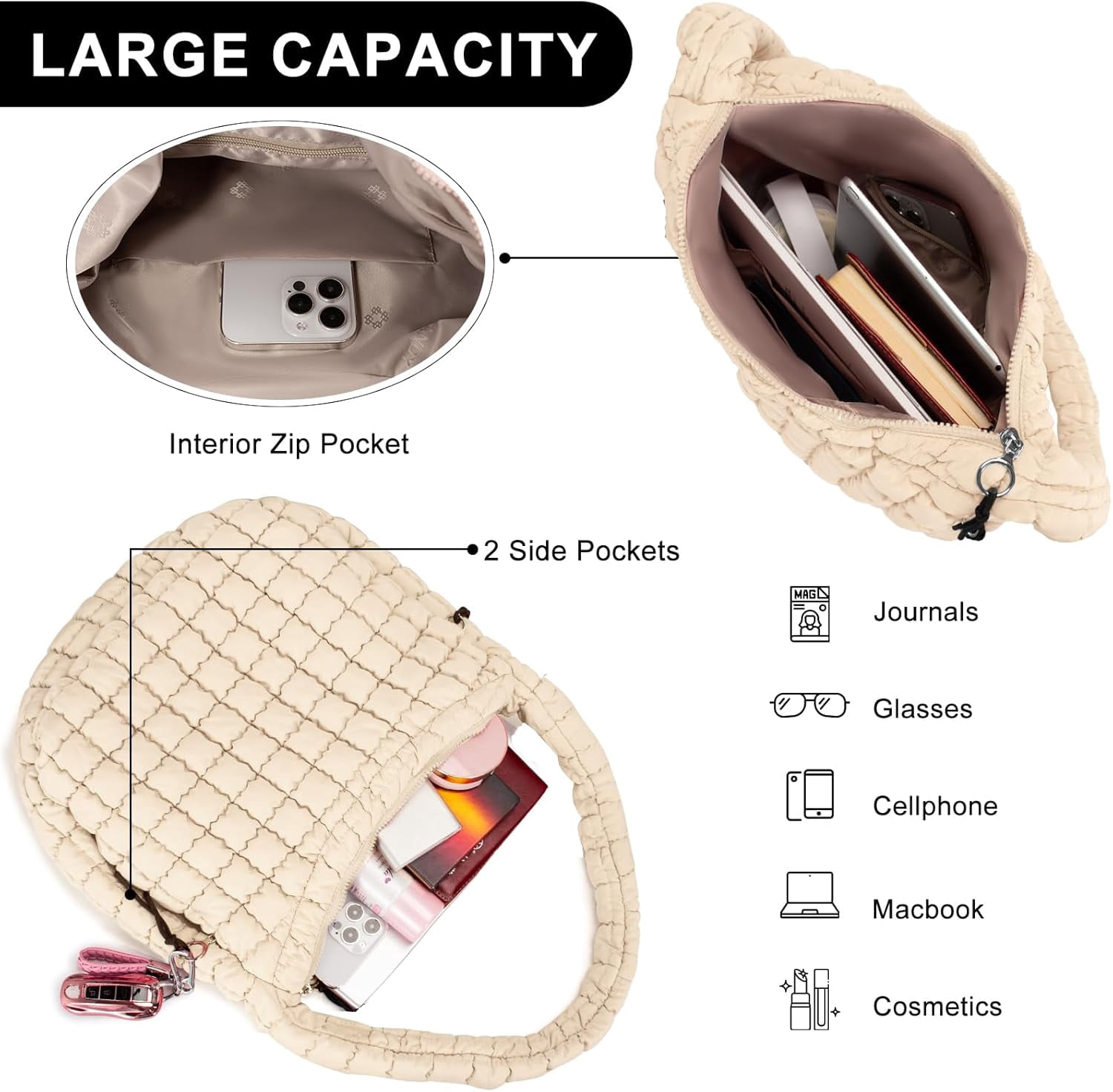 Kwuty Puffer Tote Bag for Women Large Quilted Puffy Lightweight Carryall Crossbody Tote Bag for Women