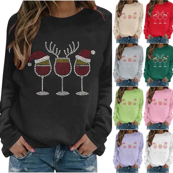 Rciityk Women's Christmas Rhinestone Wine Glass Sweatshirt, Casual Long Sleeve Crewneck Sweatshirts for Women, Size S-XXL