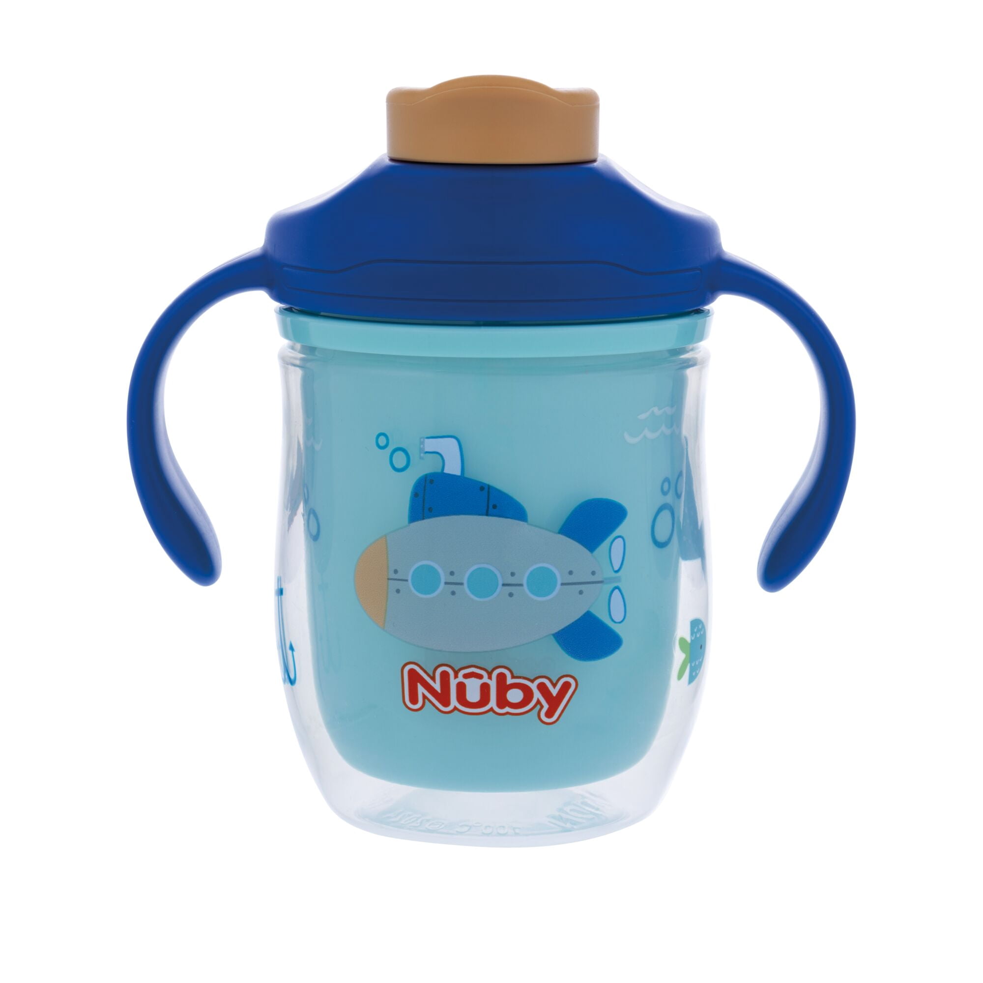 Nuby 2 Handle 7oz Multi-Function 2-in-1 Insulated Cup with Free Flow 360° Weighted Straw & Hard Spout, Submarines