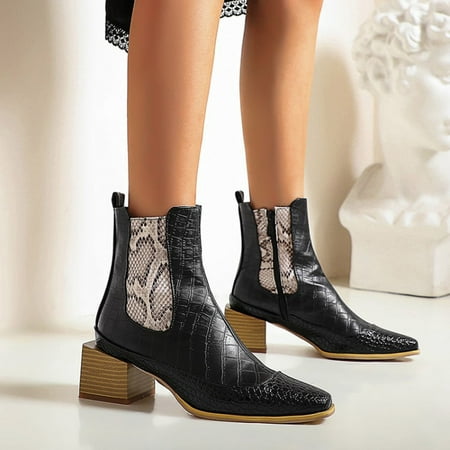 

Tejiojio Clearance Women s Snake Print Colorblock Square Heel Side Zipper Mid Heel Knight Boots