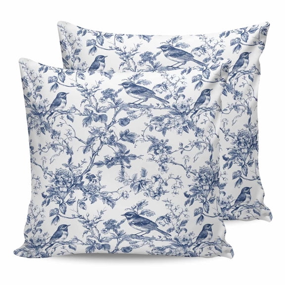 14x14 Pillow Covers Set of 2, Blue Botanical Throw Pillow Covers Decorative Couch Cushion Case, Vintage Botanical Birds Microfiber Square Pillowcases for Bedroom Car Living Room