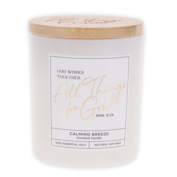 Christian Art Gifts Natural Soy Wax Scented Candle, 4.5 oz, Calming Breeze, White Glass Jar, Engraved Scripture