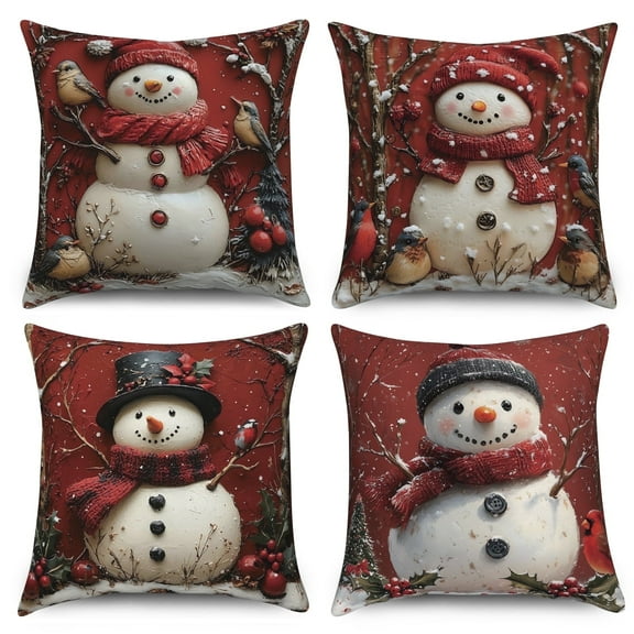 Dashan Red Christmas Pillow Covers 16x16 Set of 4,Winter Snowman Decorative Pillow Cases for Bed Couch Living Room