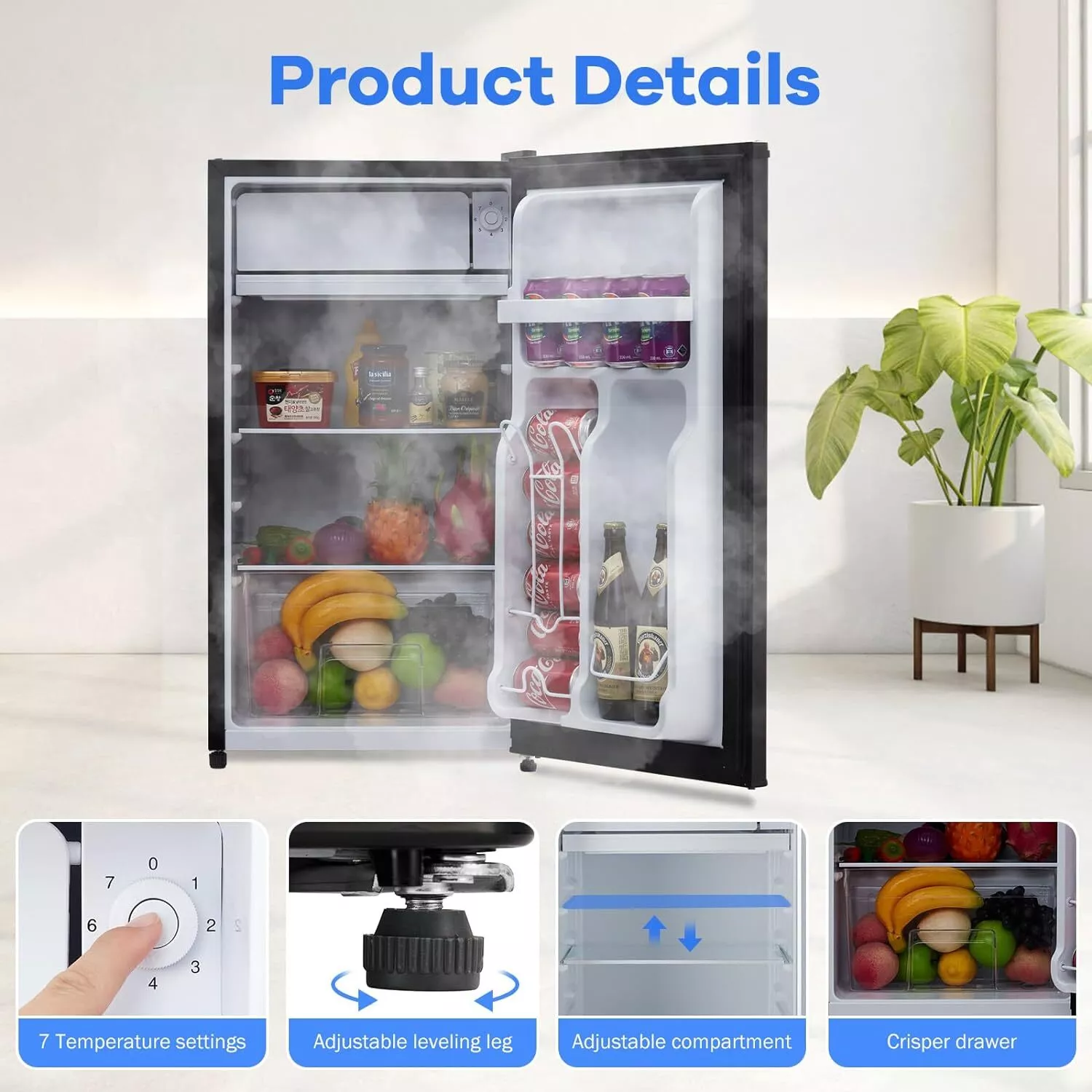 WhizMax 4.3 Cu.Ft Mini Fridge W/ Freezer Adjustable Thermostat & Reversible Single Door Black