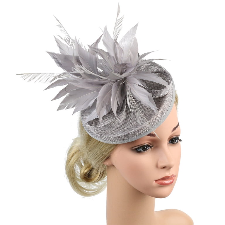 Gray Flower with Feather Headbands Grey Rose Flower Feather Pillbox Hat Hair Fascinator Wedding  main image 3