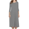 thumbnail image 4 of Zpanxa Plus Size Dress for Women, Solid 3/4 Sleeve Empire Waist Dress, Round Neck Fall Dress Casual Midi T-Shirt Dress Gray S, 4 of 5