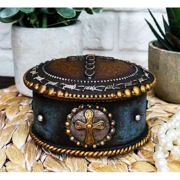 Rustic Western Cowboy Horseshoes Cross Golden Ropes Decorative Jewelry Box