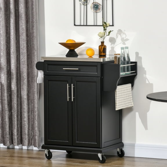 Xukmct Stainless Steel Countertop Kitchen Island with Wheels and Drawer, Rolling Kitchen Cart with Towel Rack and Spice Rack, Black