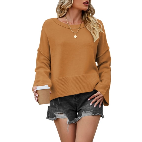 Women Crewneck Sweaters Bell-Style Sleeve Batwing Knit Tops Slouchy Soft Pullover Tops Yellow S