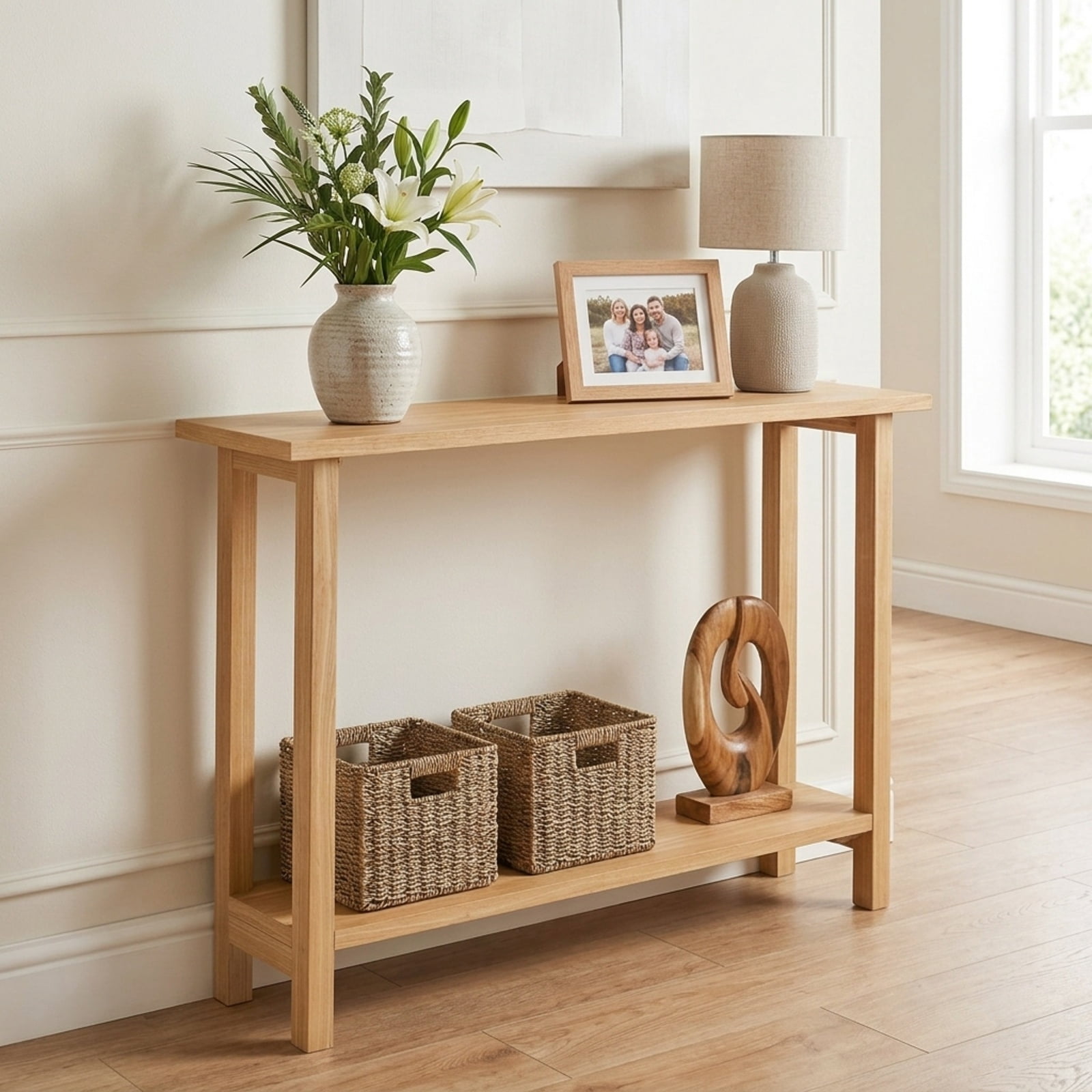 Furnibear 47 Inch Solid Teak Wood Console Table with Storage Shelf Farmhouse Sofa Table for Entryway Hallway Living Room, Natural