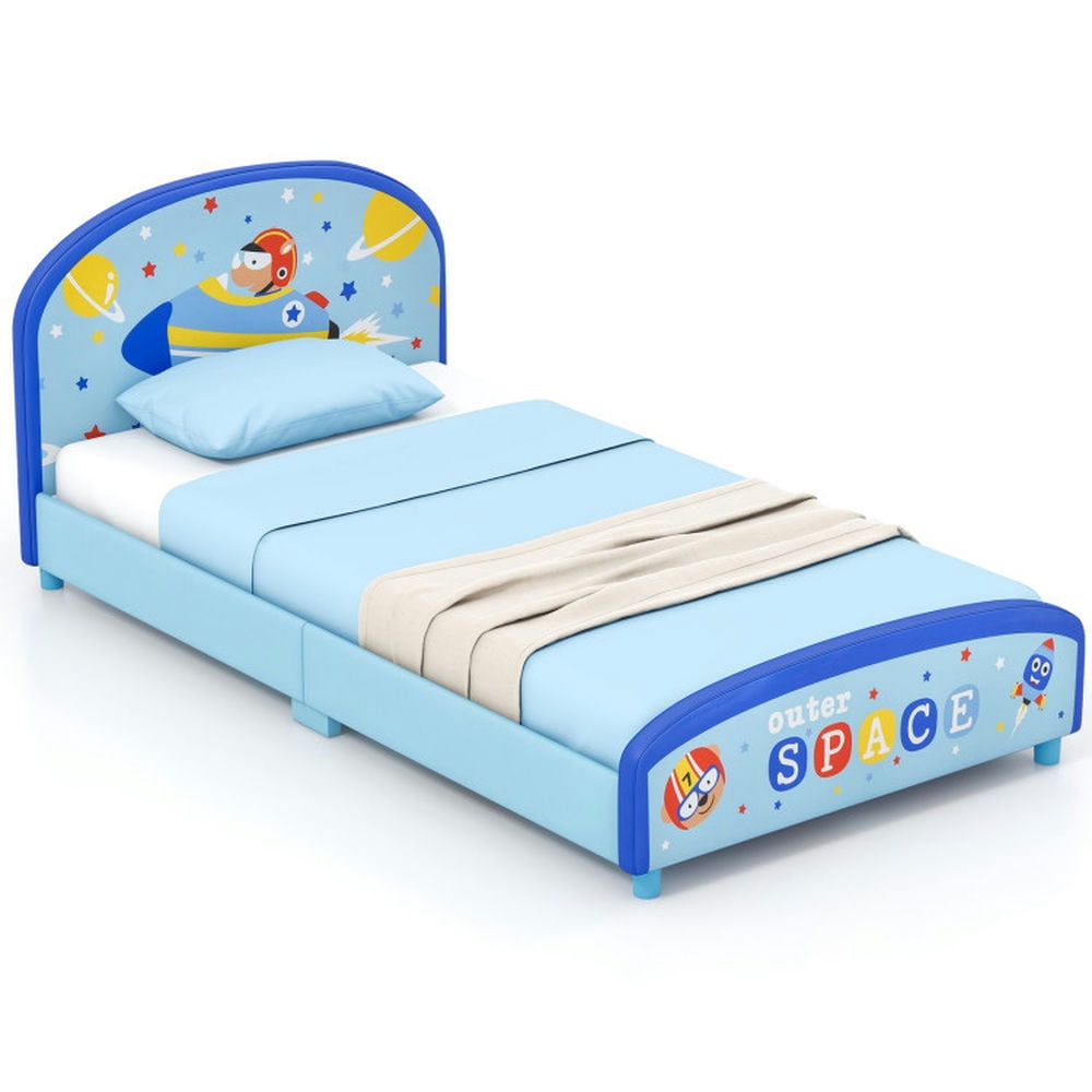 GVN Wood Upholstered Twin Bed Platform with Slat Support-Blue, Baby Bed for Sleeping and Sleepovers