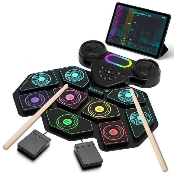 Lvelia Electronic Drum Set for Kids Adults,9-Pads Roll-up Drum Pad Electric Drum Set with Headphone Jack Built-in Speaker Sticks Foot Pedals for Christmas Birthday Gift