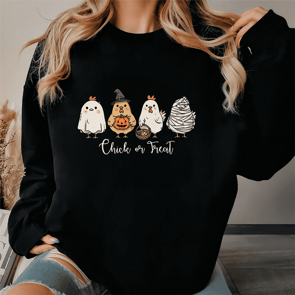 Funny Chicken Long Sleeve Tops Halloween Chicken & Treat Graphic Tees Trick-or-Treat Sweatshirts Casual Pullover Cotton Shirts for Daily Outfits Black,S