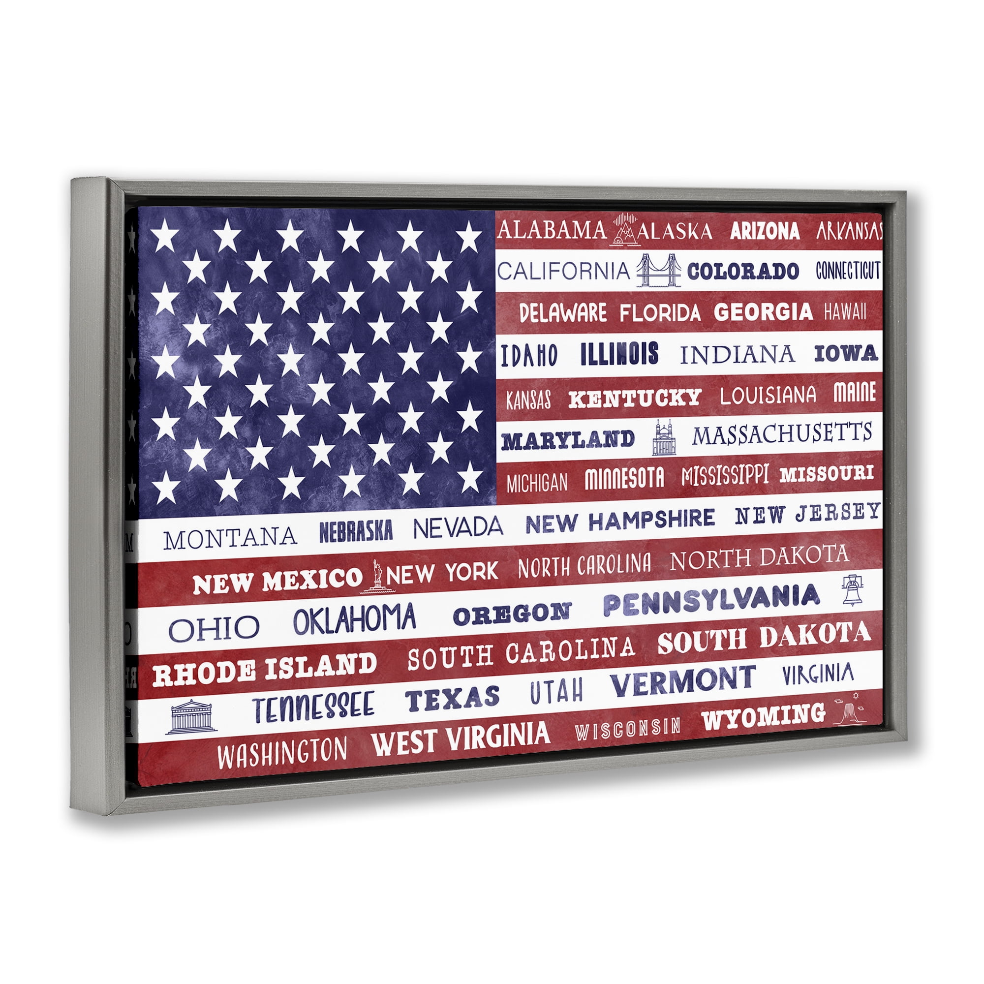 Stupell Industries States Of America Flag Gray Framed Floater Canvas Wall Art, design by Daniela Santiago