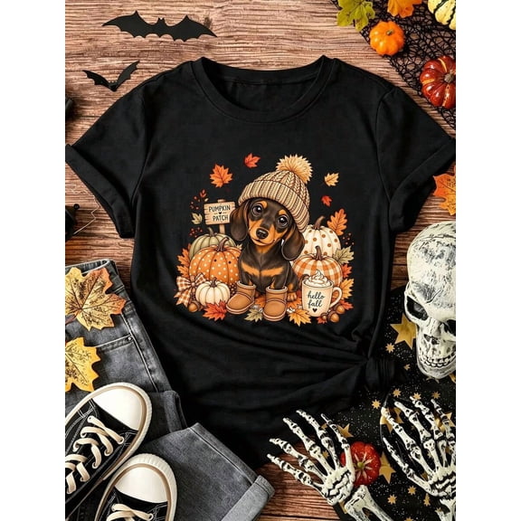 Women's Dachshund Graphic T‑Shirt, Crew‑Neck Short‑Sleeve Casual Fall Top, Thanksgiving Holiday Apparel