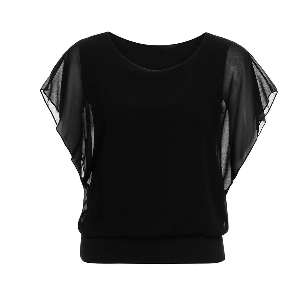 Knosfe Work Blouses for Women Fashion 2023 Clearance Batwing Short Sleeve Crew Neck Loose Fitting Tops Plus Size Chiffon Loose Womens Shirt Black 2XL