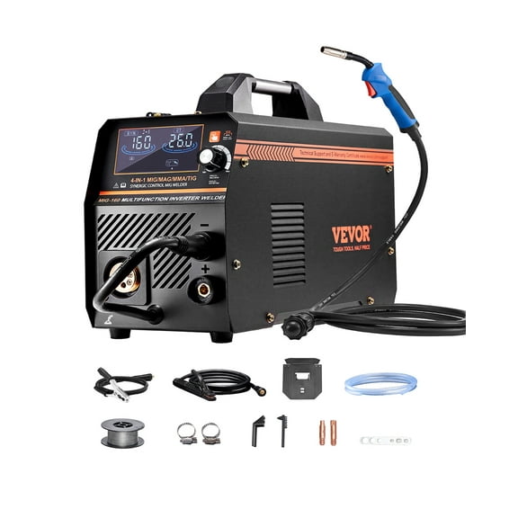 VEVOR MIG Welder, 160A Synergic Mig Welding Machine, 4-in-1 Gas MIG/Flux Core MIG/Stick/Lift TIG Multi-Process Welder Machine, 110V/220V Dual Voltage Mig Welder